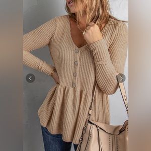 Buttoned V Neck Ruffle Waffle Long Sleeve Knit Top